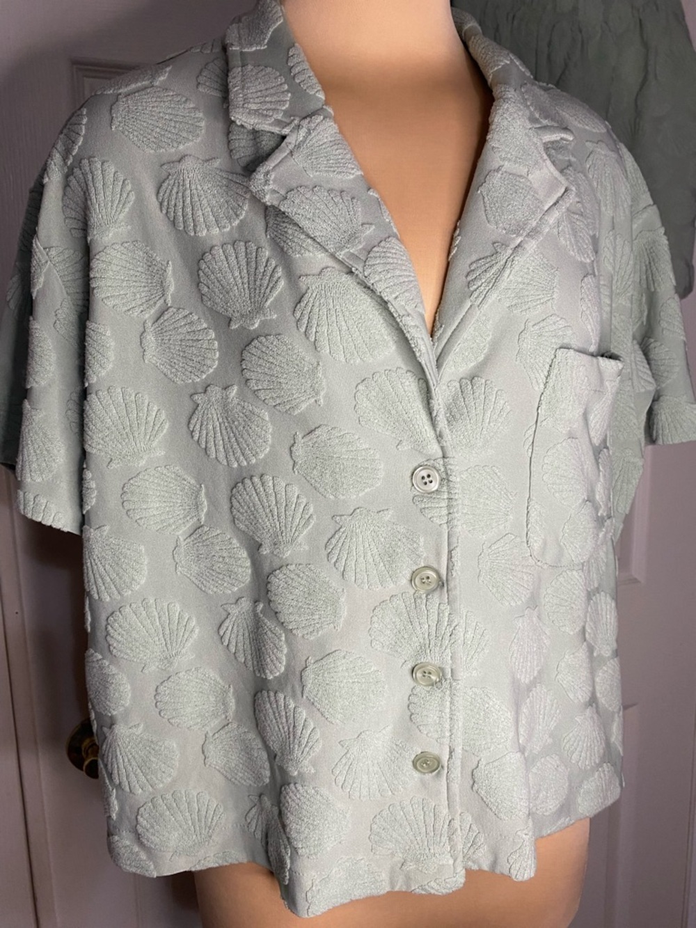 2 PC Seafoam Green Short-Sleeve Button Pajama Set with Textured Shell Pattern